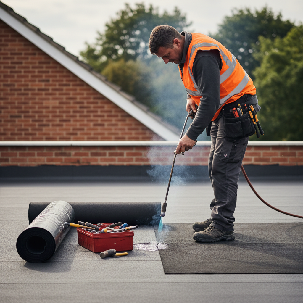 Roofer using a heat torch to seal seams on a black bitumen flat roof during a repair