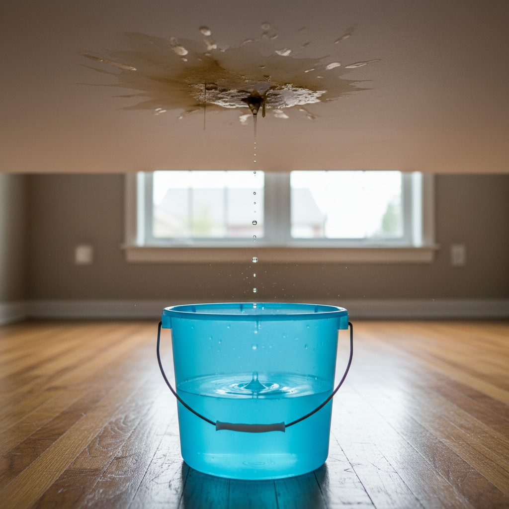 A blue plastic bucket on a wooden floor catching water drips from a stained ceiling