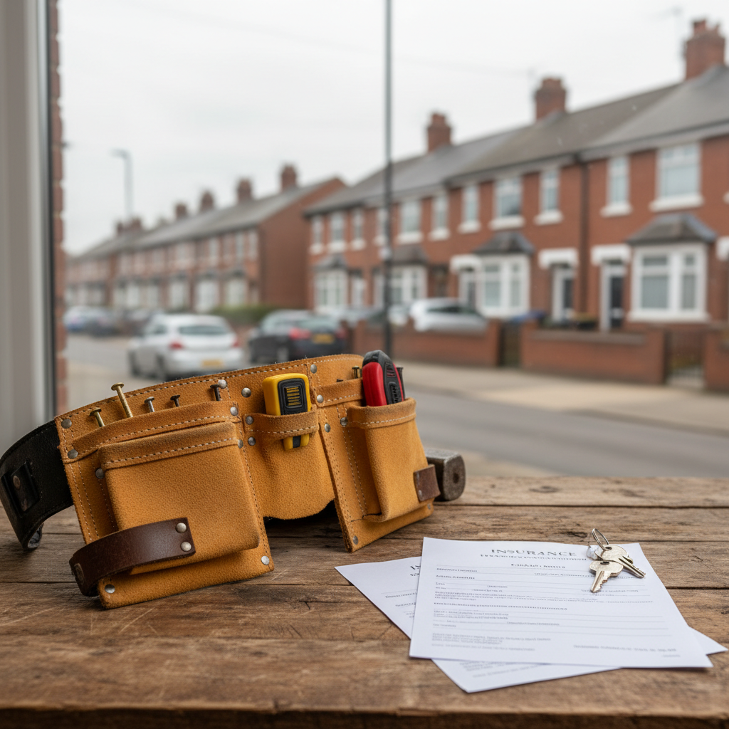 A roofer's tool belt and official insurance paperwork on a table with a residential street in the background
