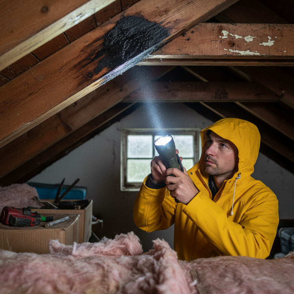 Person using a flashlight to inspect a damp water stain on a wooden rafter inside a dark loft