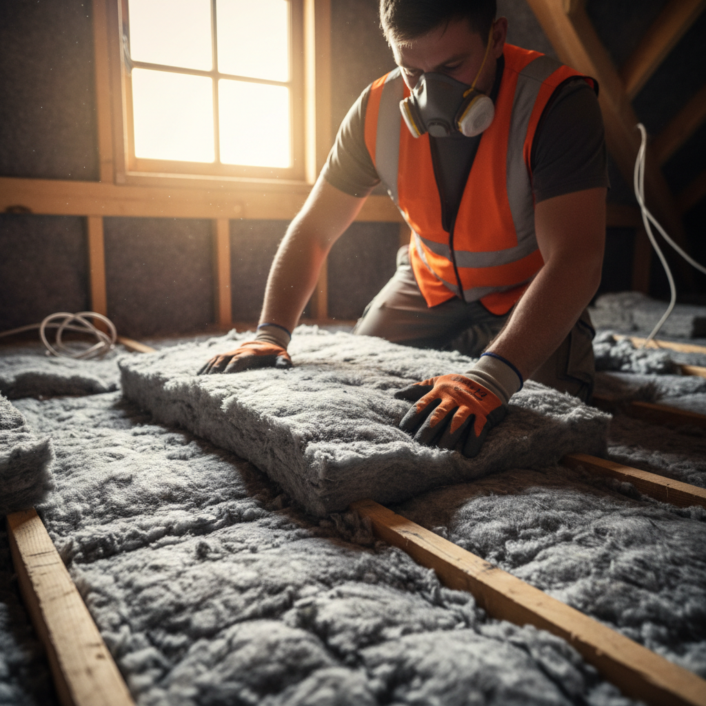 Roofer installing thick mineral wool insulation between wooden joists in a residential loft space