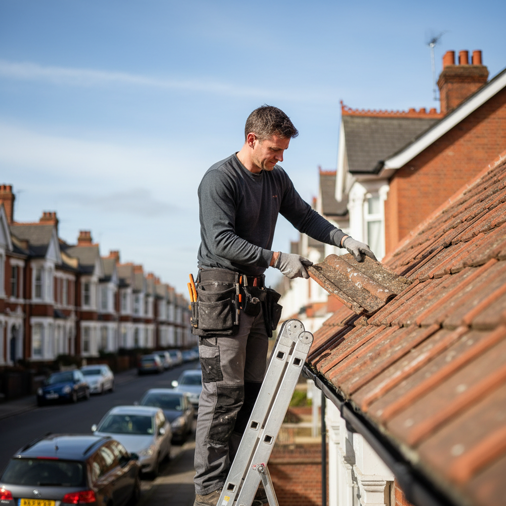 Roofer holding a grey tile against a residential roof to check for a color match