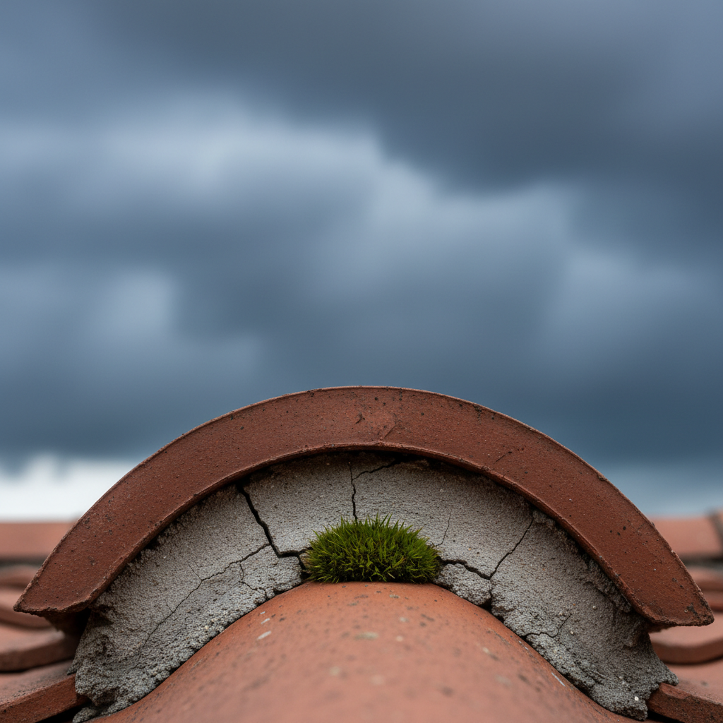 Close up of a cracked mortar seal under a red clay ridge tile on a rooftop under a cloudy sky