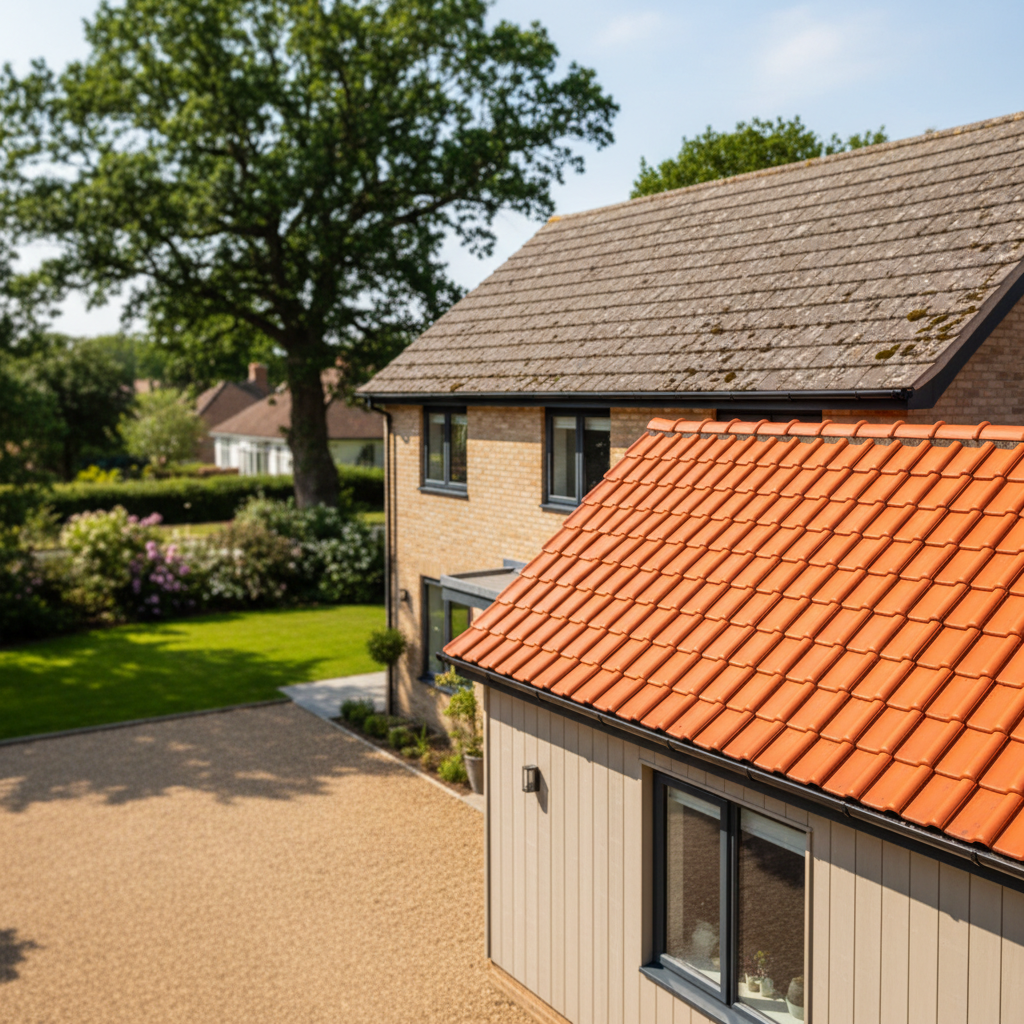Mismatched roof tiles on a home extension showing a visible difference between old weathered and new materials