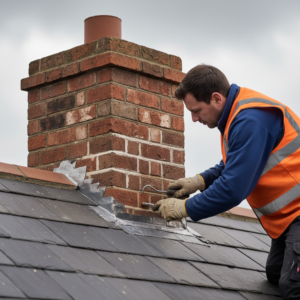 Roofer inspecting lead flashing at the base of a brick chimney on a slate roof