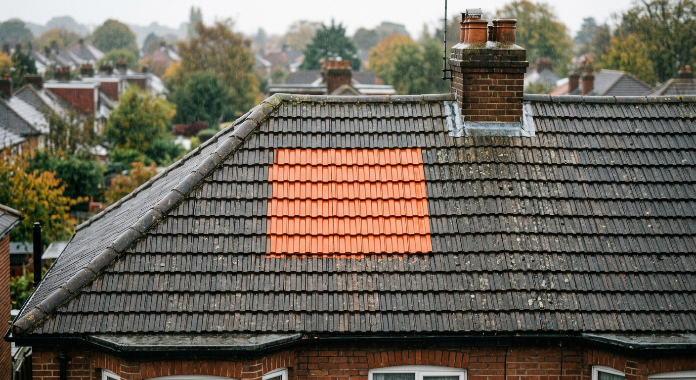 Patchwork roof repair showing mismatched bright orange tiles against dark weathered grey tiles
