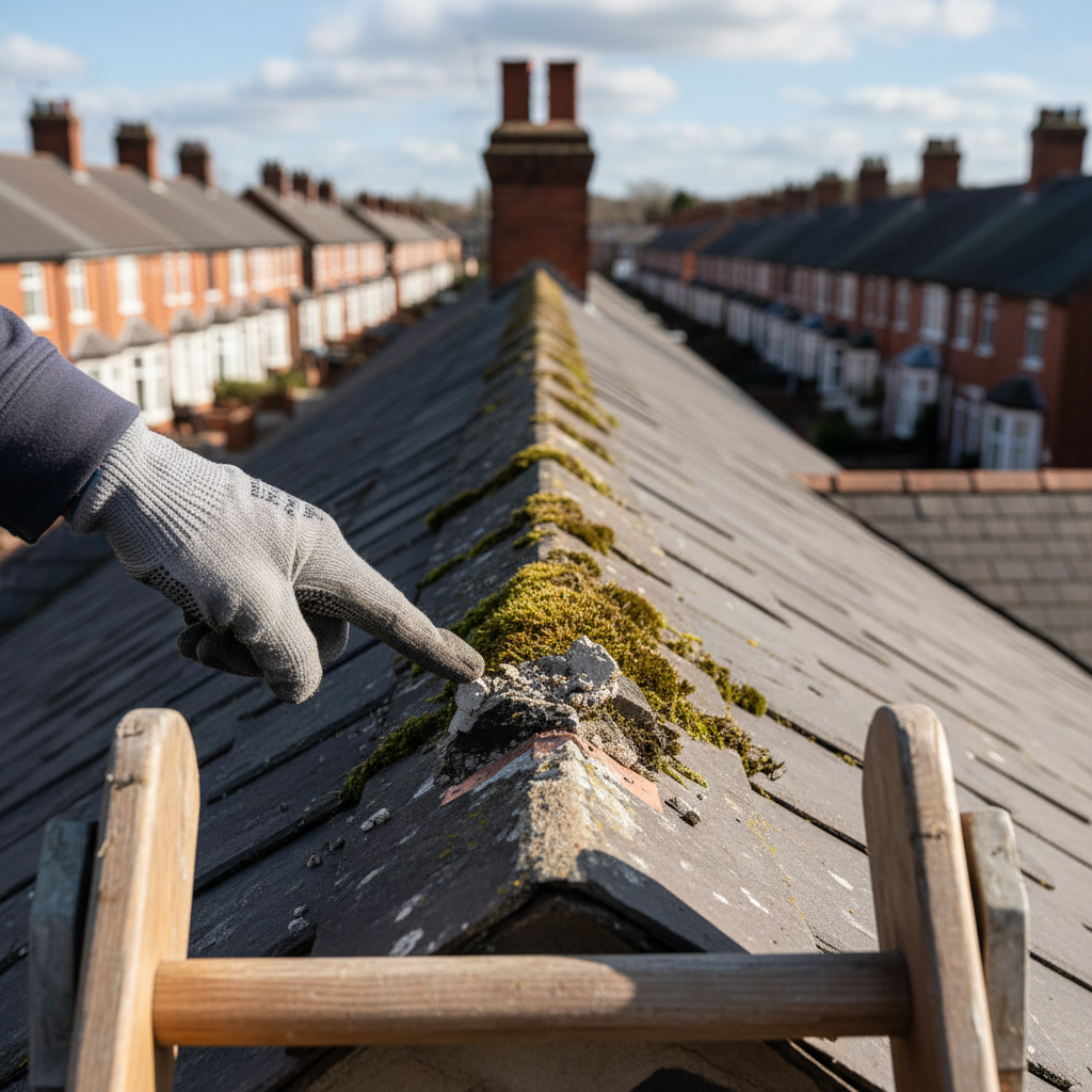 Hand pointing to perished mortar and moss growth inside a residential roof valley gutter