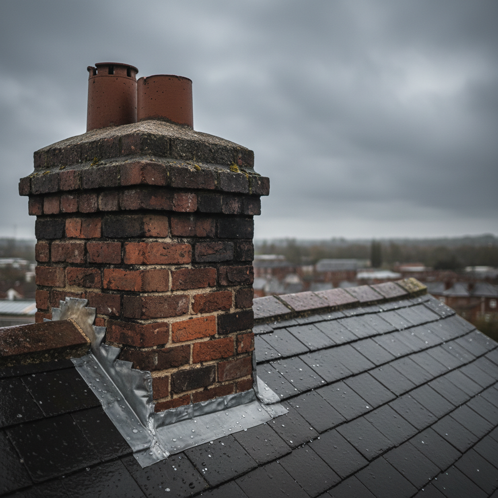Close-up of weathered lead flashing around a brick chimney on a grey tiled roof under a cloudy sky
