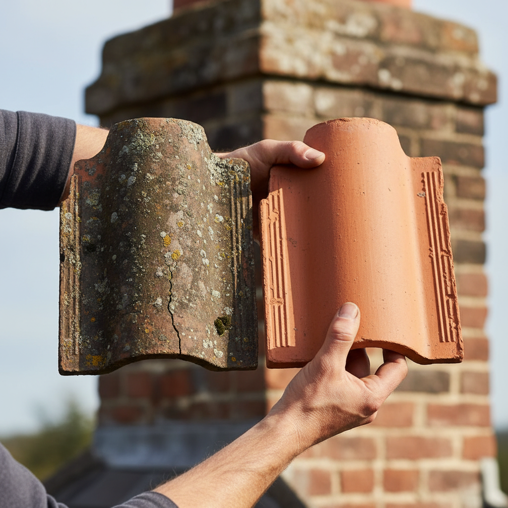 Roofer holding two matching clay tiles against a brick chimney to check for a perfect architectural fit