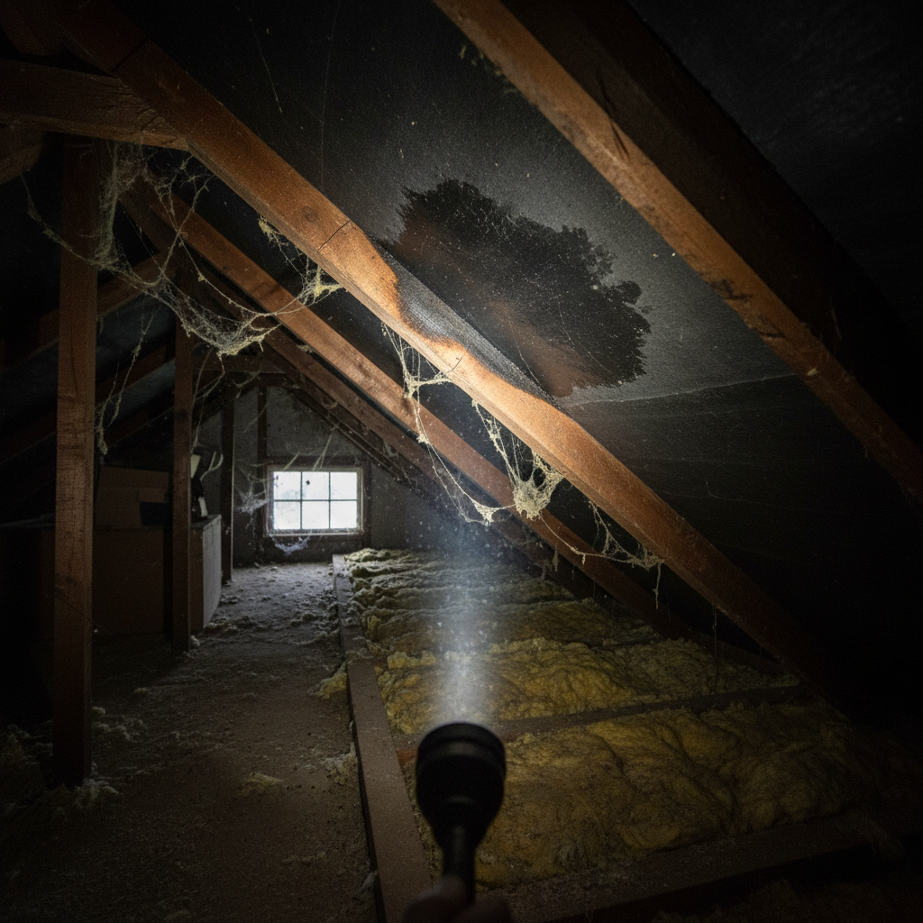 Flashlight shining on a dark water stain on a wooden roof beam inside a dark loft