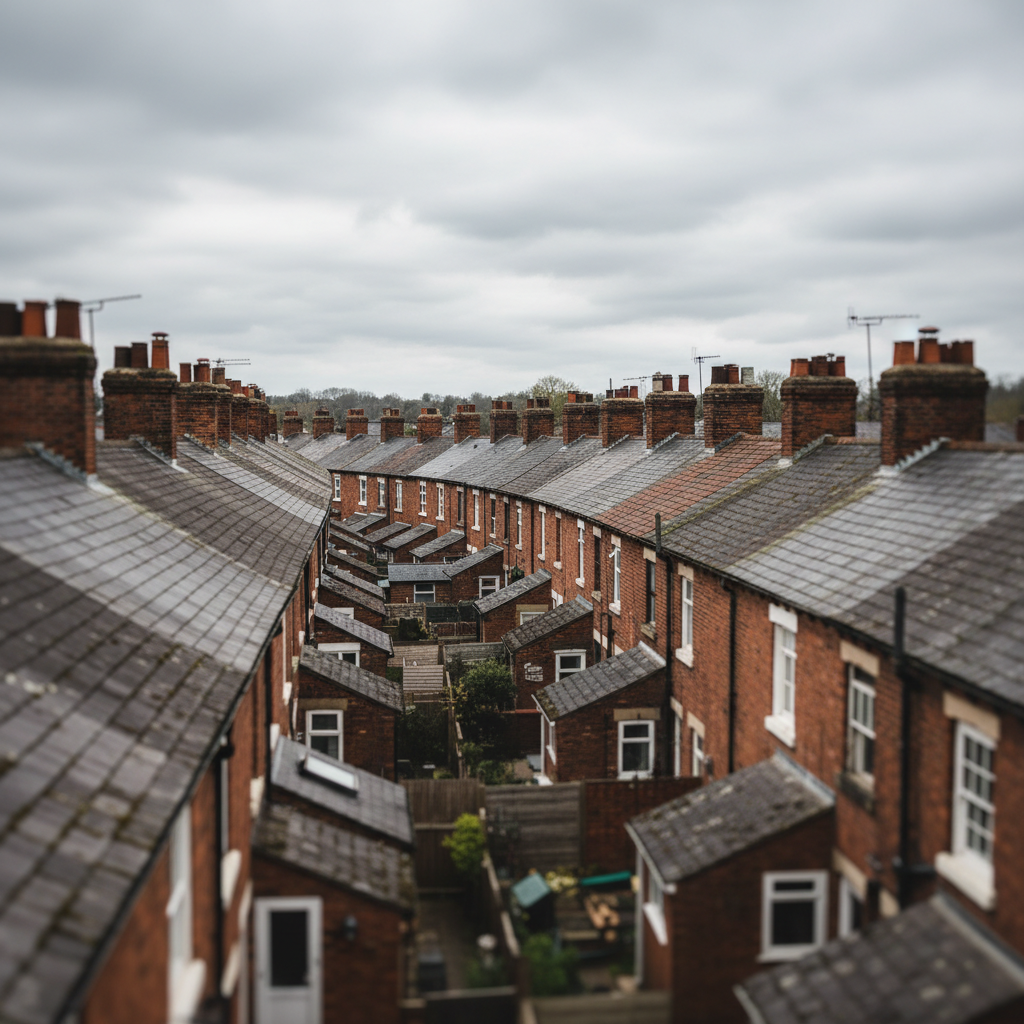 Rows of traditional brick terrace house roofs with clay tiles and chimneys