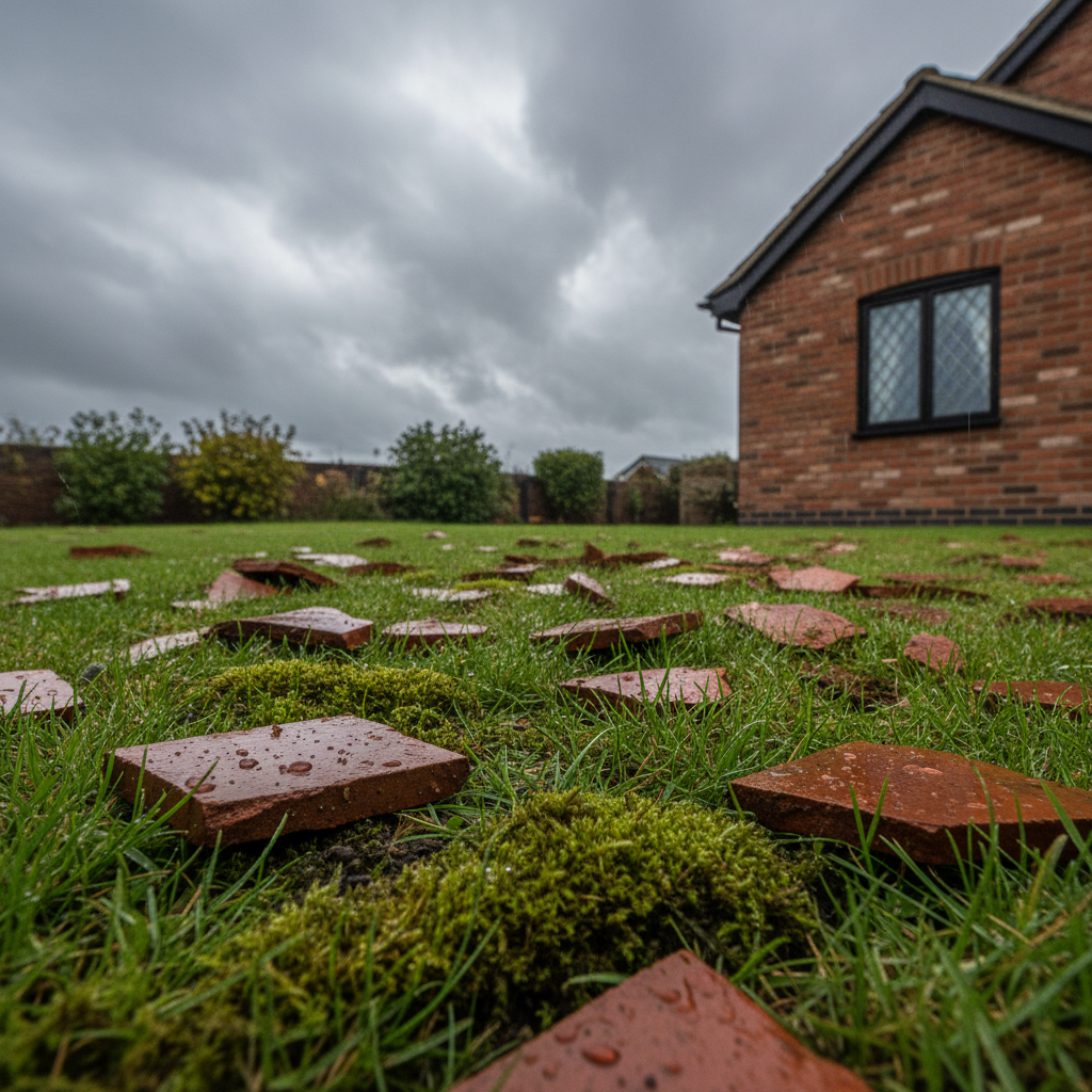 Broken red roof tile fragments and moss scattered on a green lawn next to a brick house