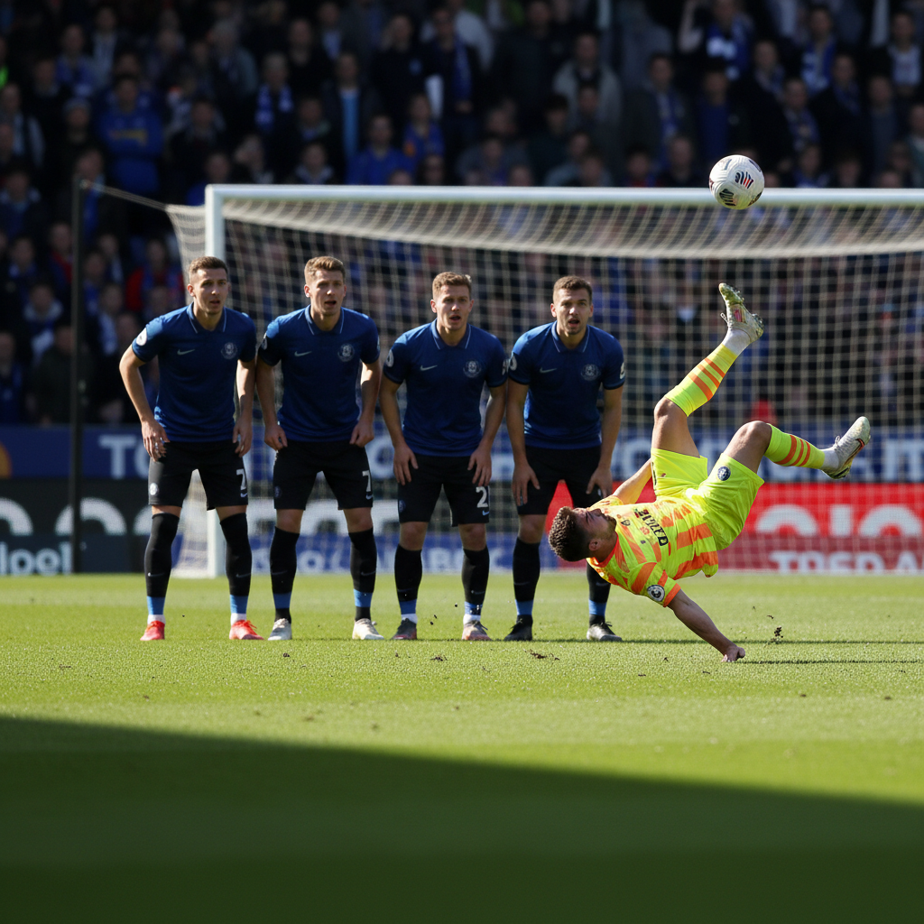 Footballer attempting a bicycle kick while disciplined defenders stand in a tactical line