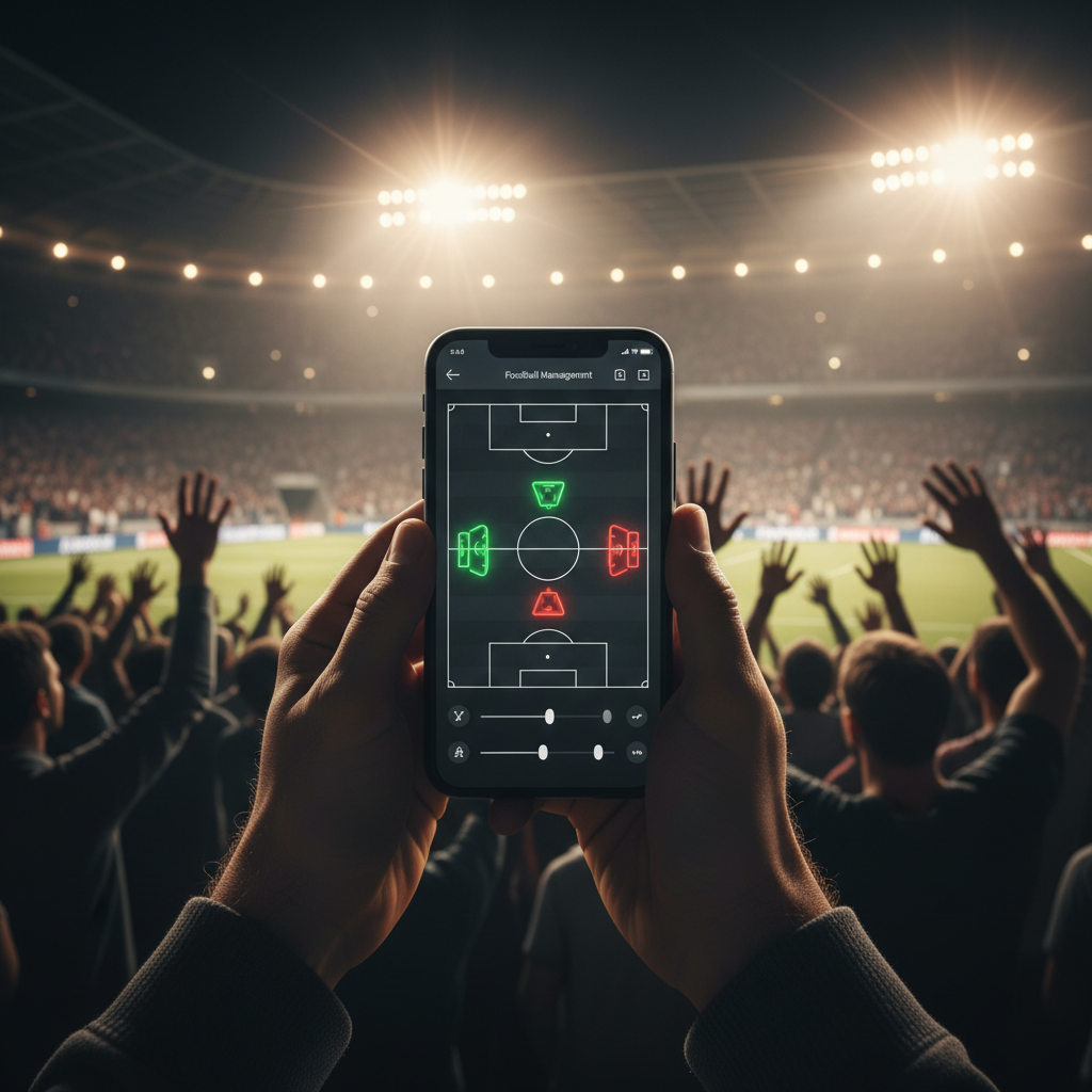 A person using a football management app on their phone inside a crowded stadium at night