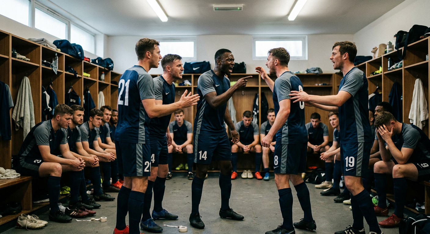Five football players in a locker room arguing and gesturing while their teammates sit quietly in the background