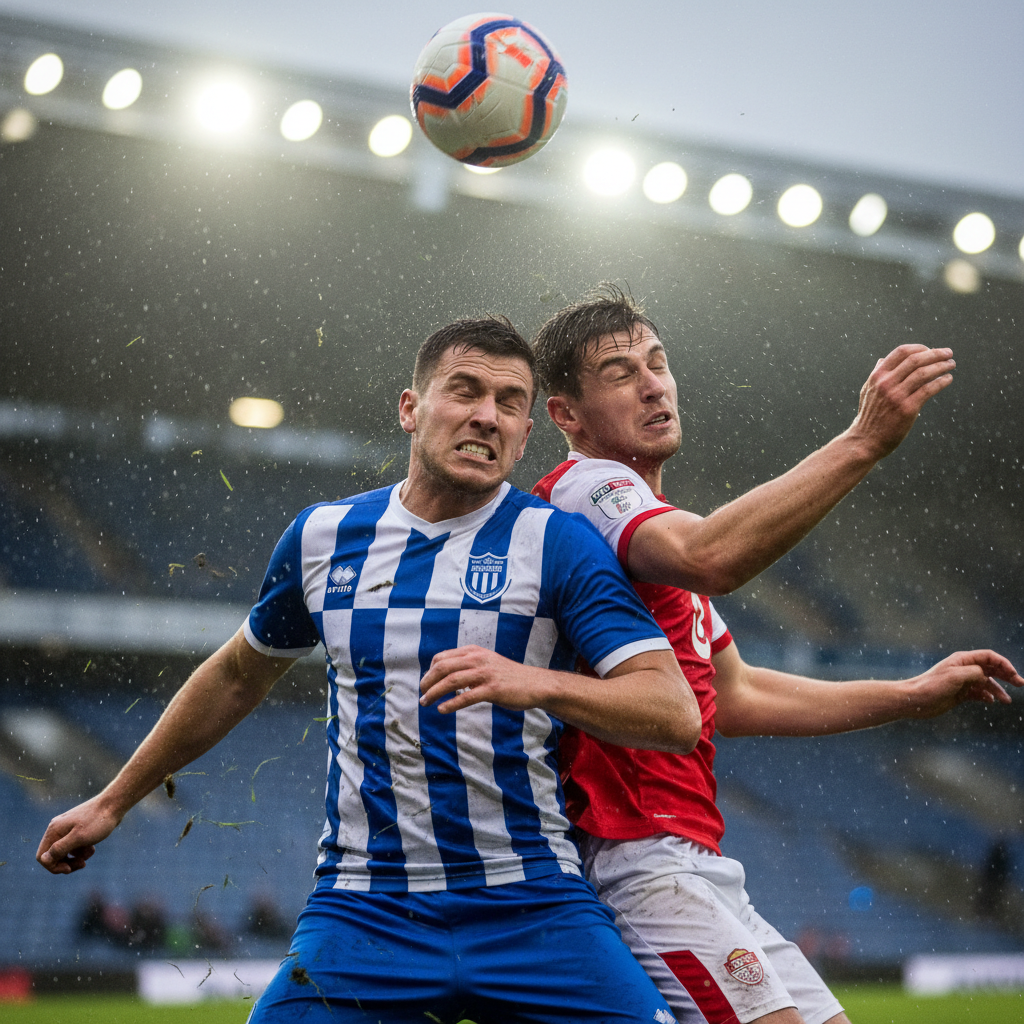 Two soccer players collide in mid-air during a fierce header contest in the rain