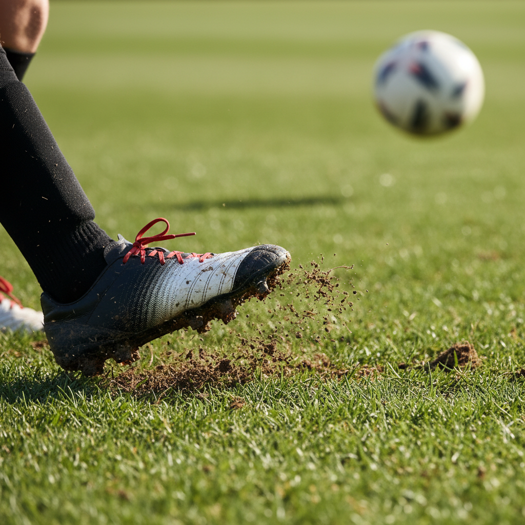 Close up of a soccer player's feet pivoting on grass with a blurred ball in the background