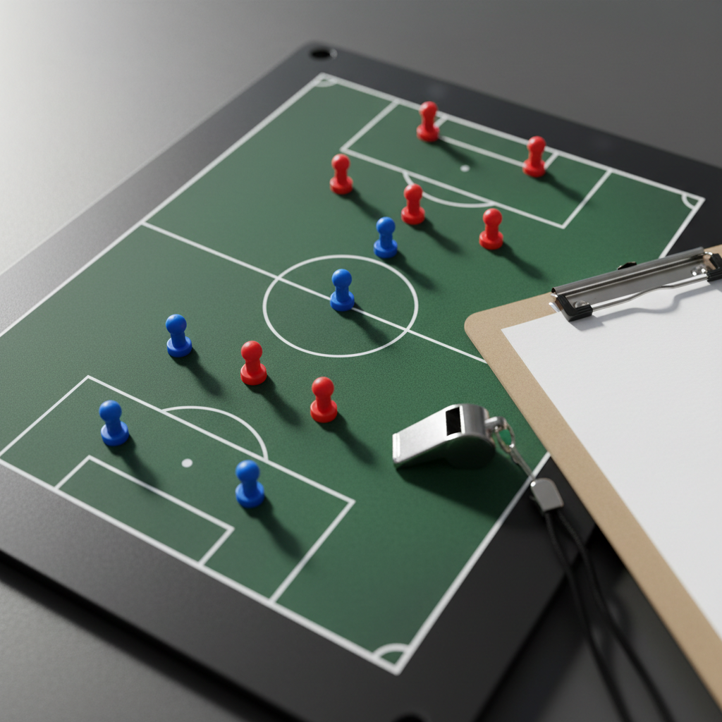 Tactical magnetic football board with red and blue player markers in a 4-3-3 formation next to a whistle