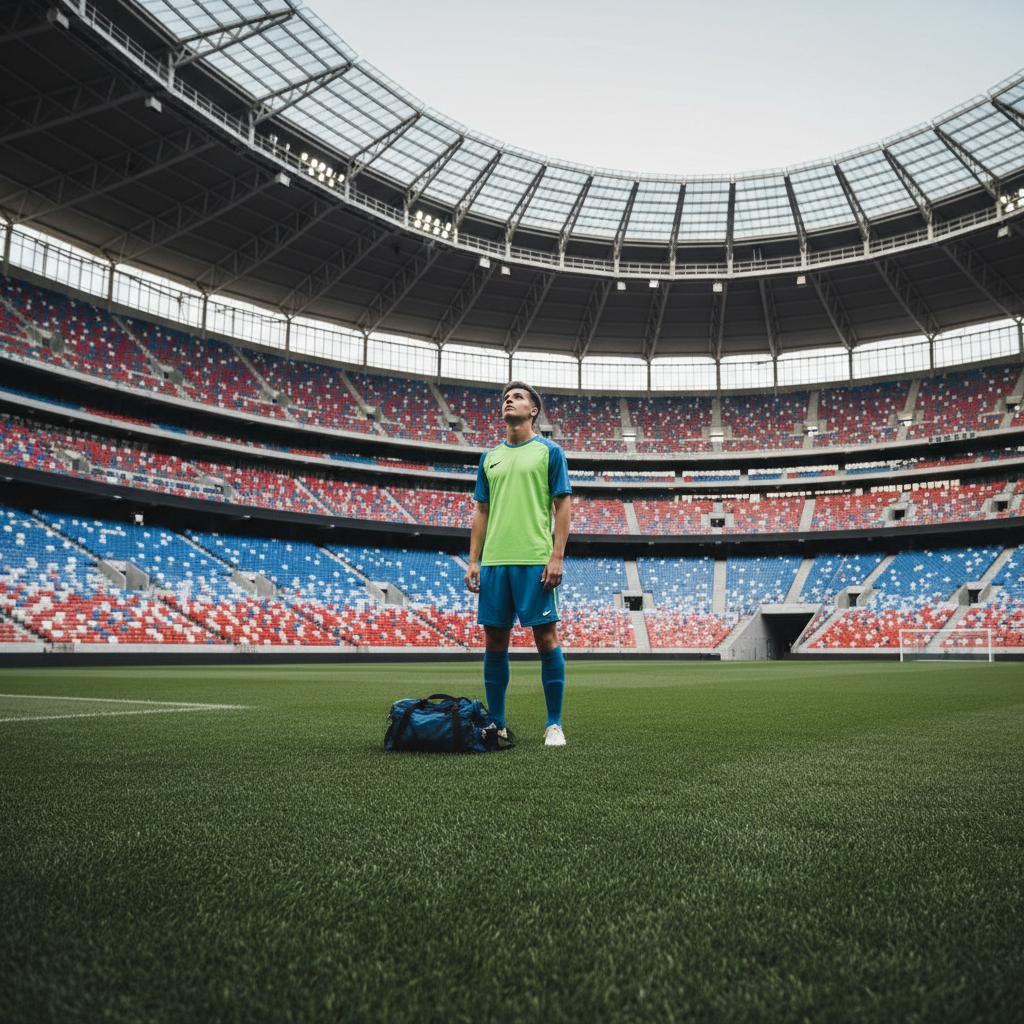 Young football player standing alone in the center of a massive professional stadium