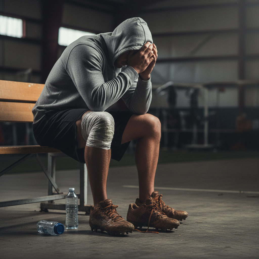 Exhausted football player sitting on a bench with an ice pack on his leg