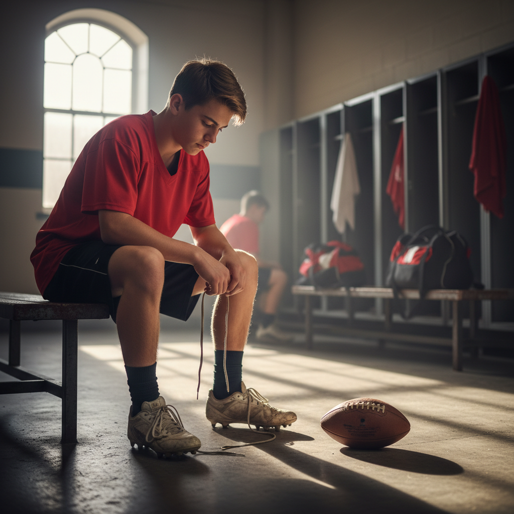 Young football player in a red uniform sitting alone on a locker room bench