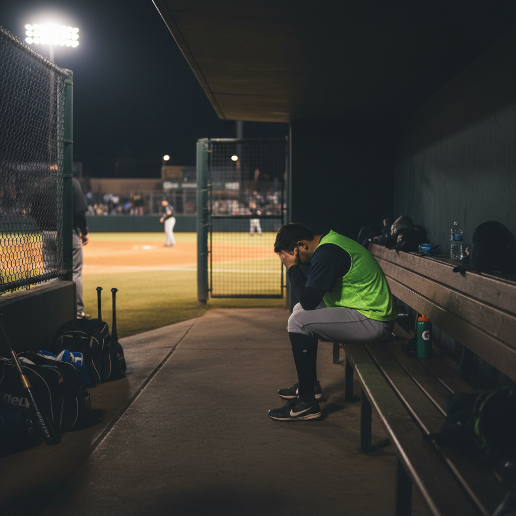 A lone frustrated substitute sits on a dark bench in a neon bib while a match happens in the background