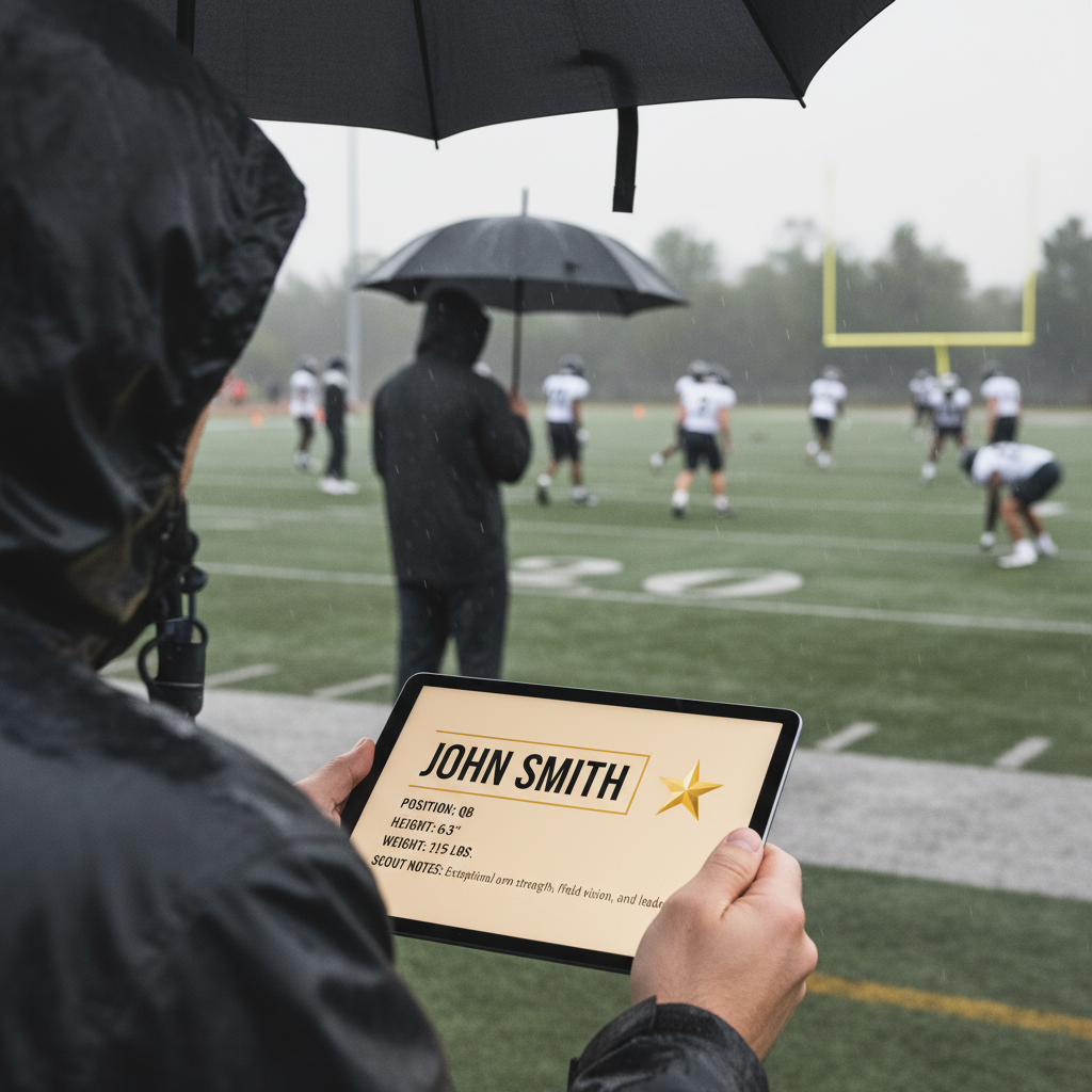 Hand holding a tablet displaying a five star player rating with a blurry football pitch in the background