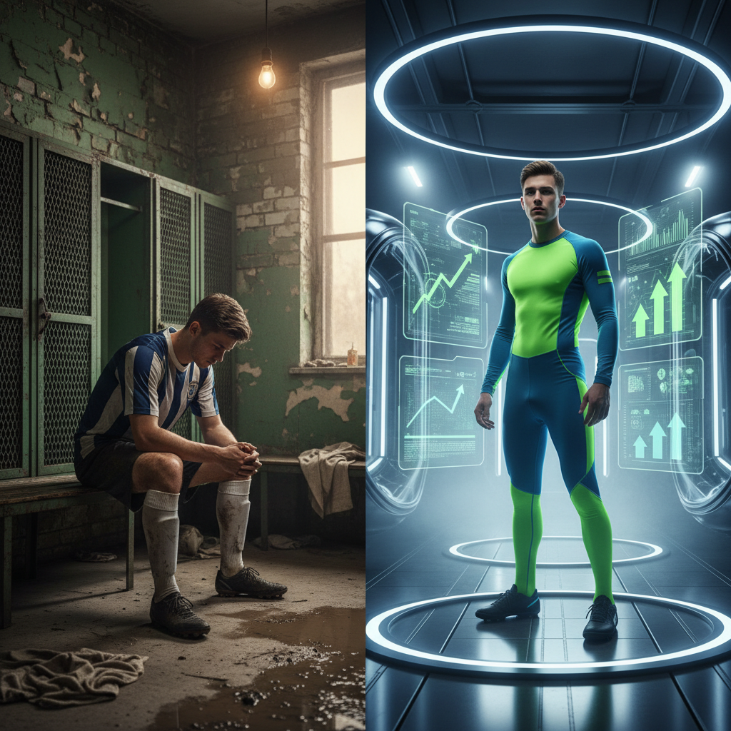 Side by side comparison of a tired player in a gritty locker room and a player in a high tech training facility