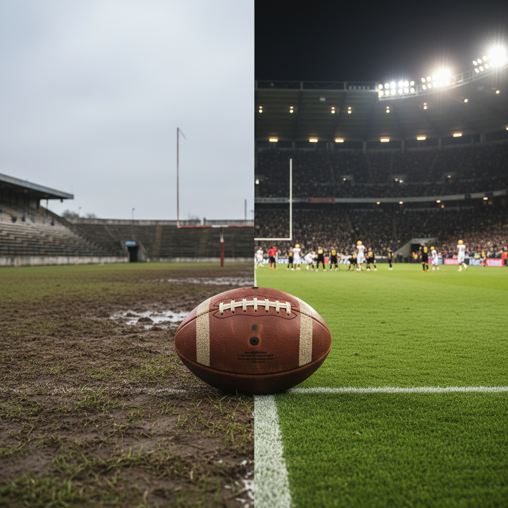 A side-by-side view of a muddy practice field and a professional stadium with a football in the middle