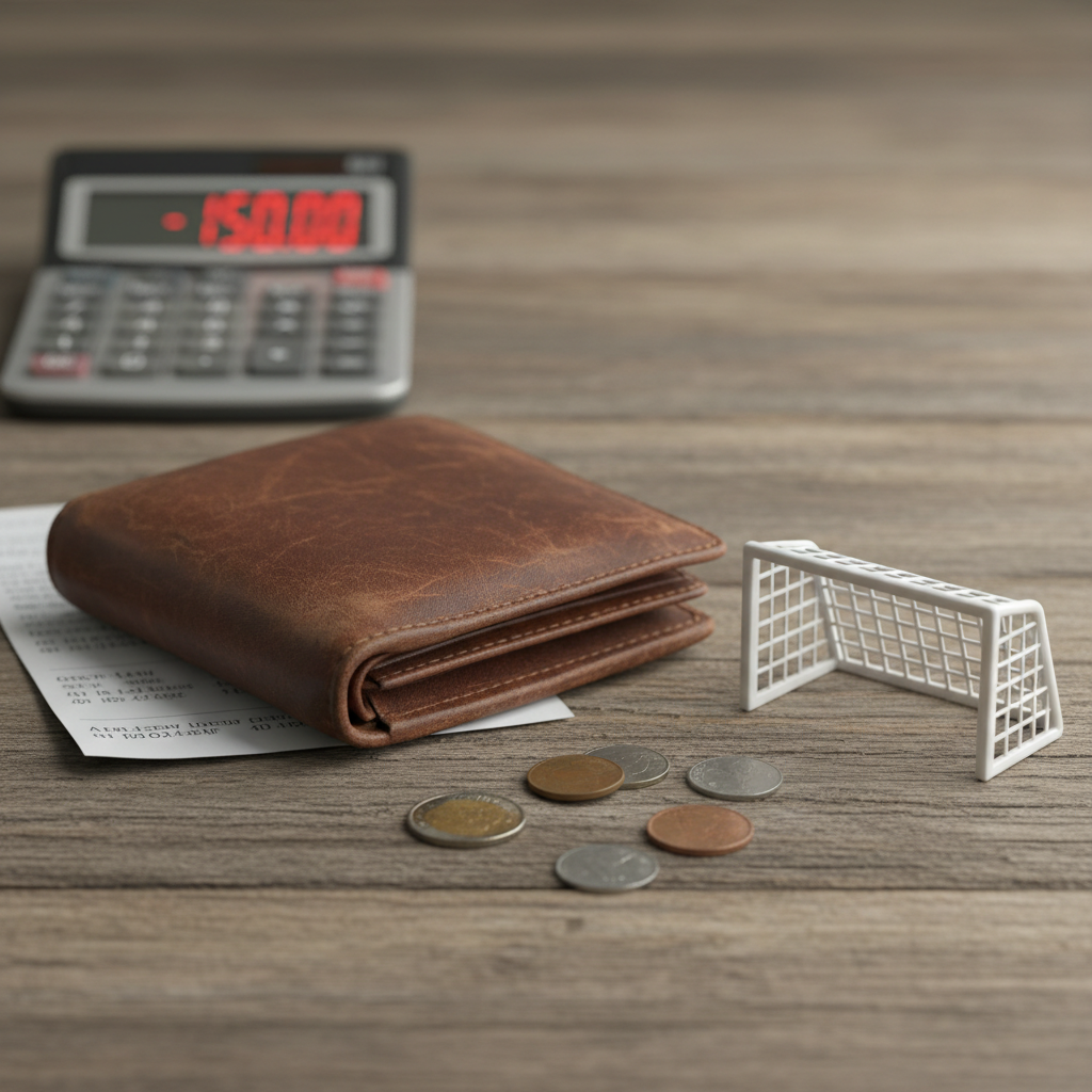 Empty leather wallet and coins next to a toy football goal on a desk