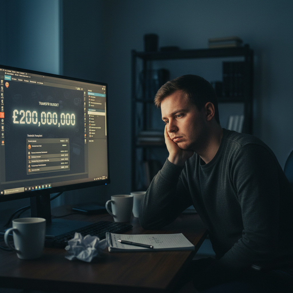 Bored gamer slumped at a desk looking at a football management game screen with a huge transfer budget