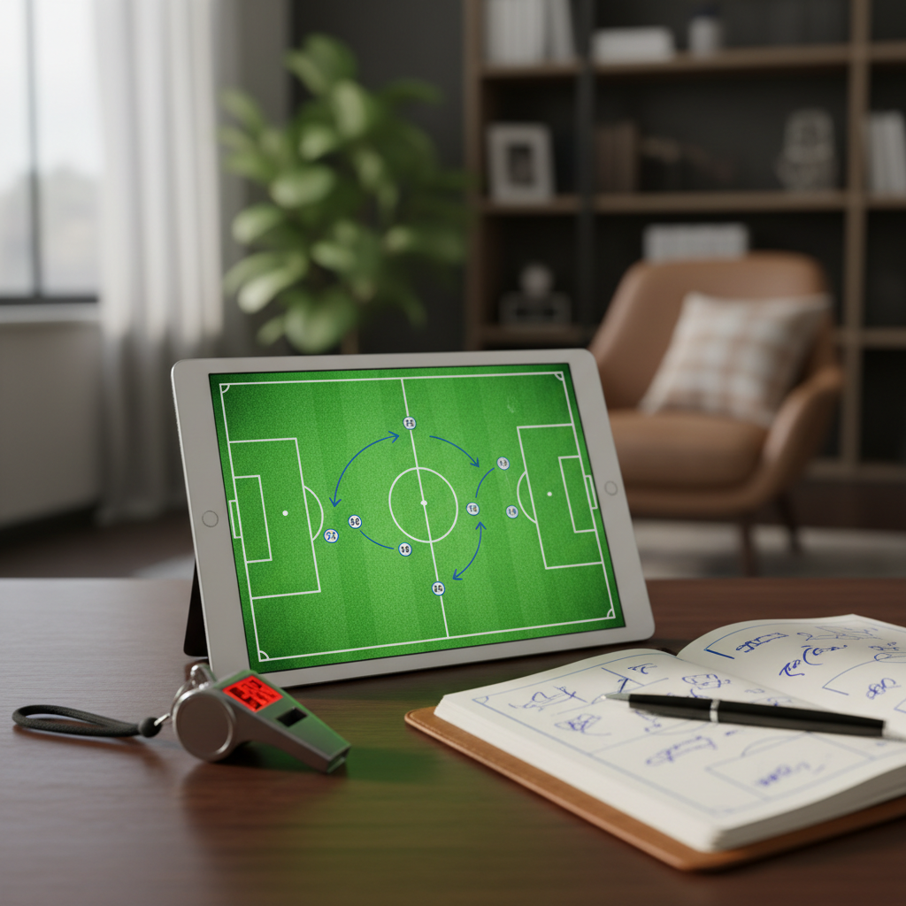 A tablet showing a digital football tactic board next to a whistle and stopwatch on a wooden desk