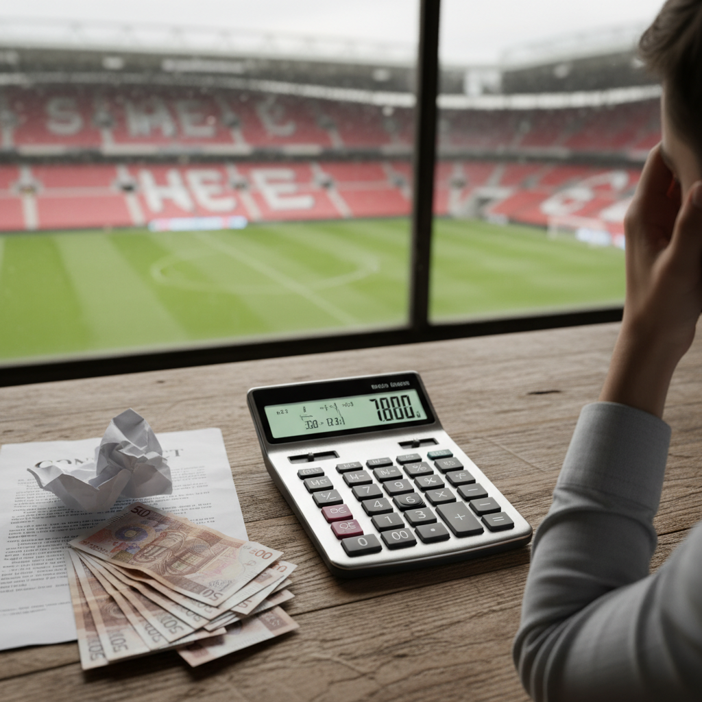 Calculator and cash on a desk next to a crumpled paper contract