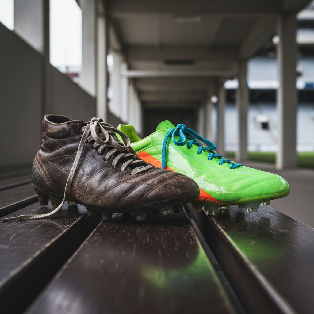 Worn leather football boot next to a new neon cleat on a wooden locker room bench
