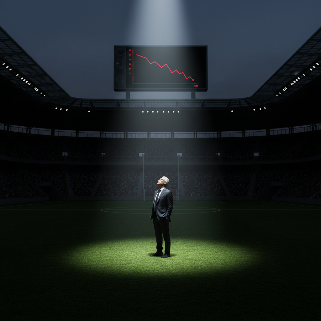 Man in a suit standing on a pitch under a spotlight looking at a downward graph on a scoreboard