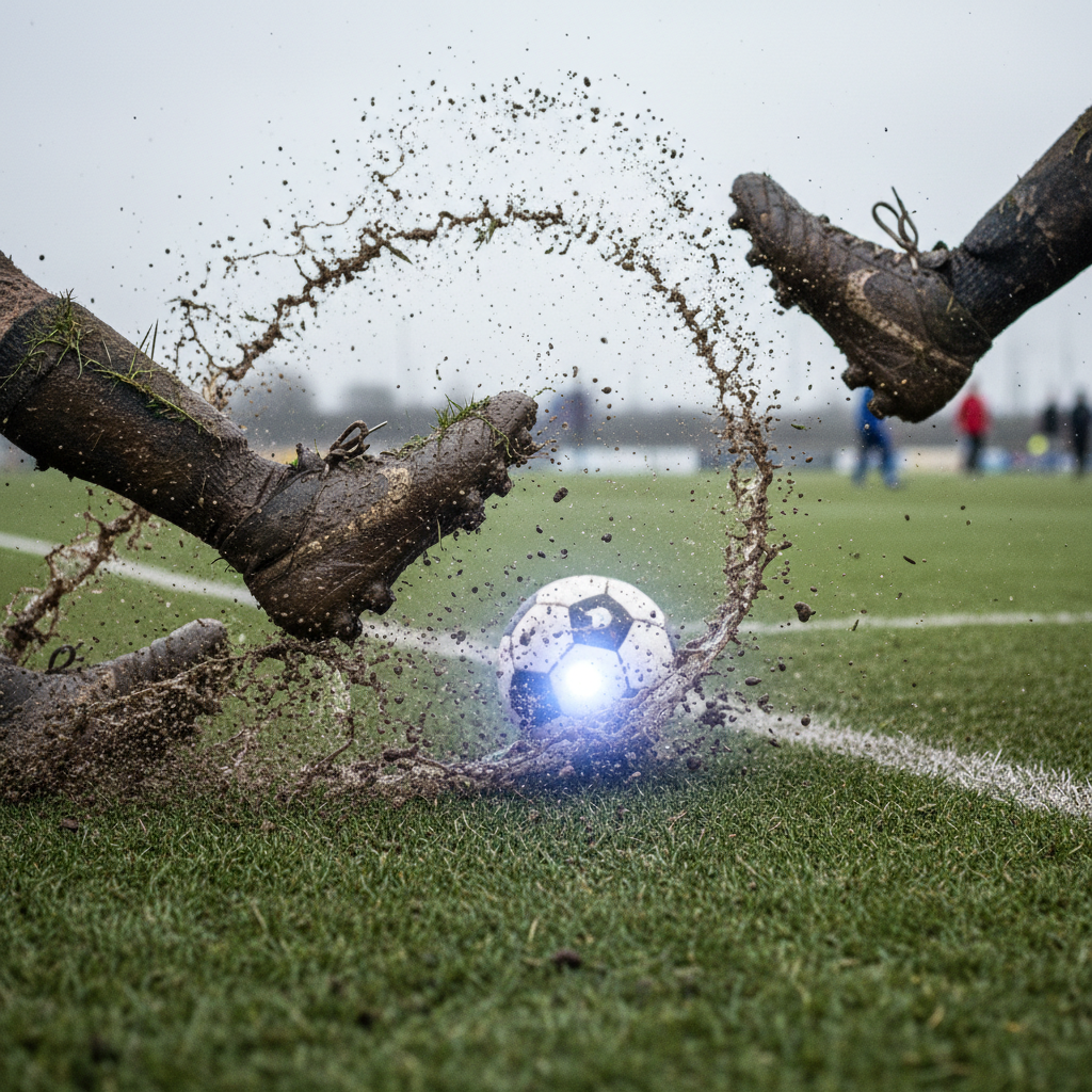 Close up of a football defender performing a dangerous sliding tackle on a muddy pitch