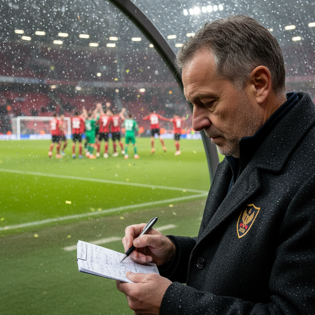 A scout in a stadium dugout takes notes while ignoring a celebration on the pitch