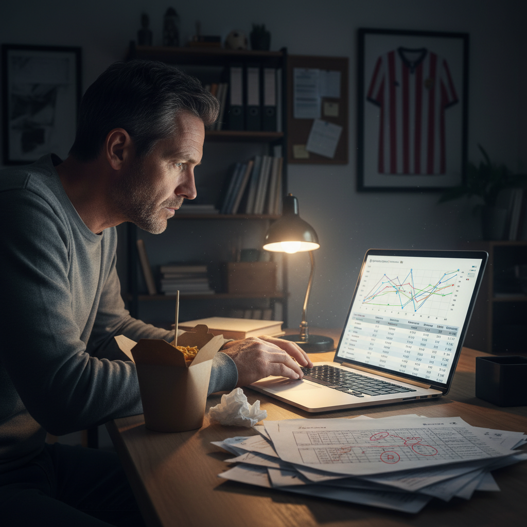 Scout analyzing player data on a laptop in a dark office with scattered scouting reports