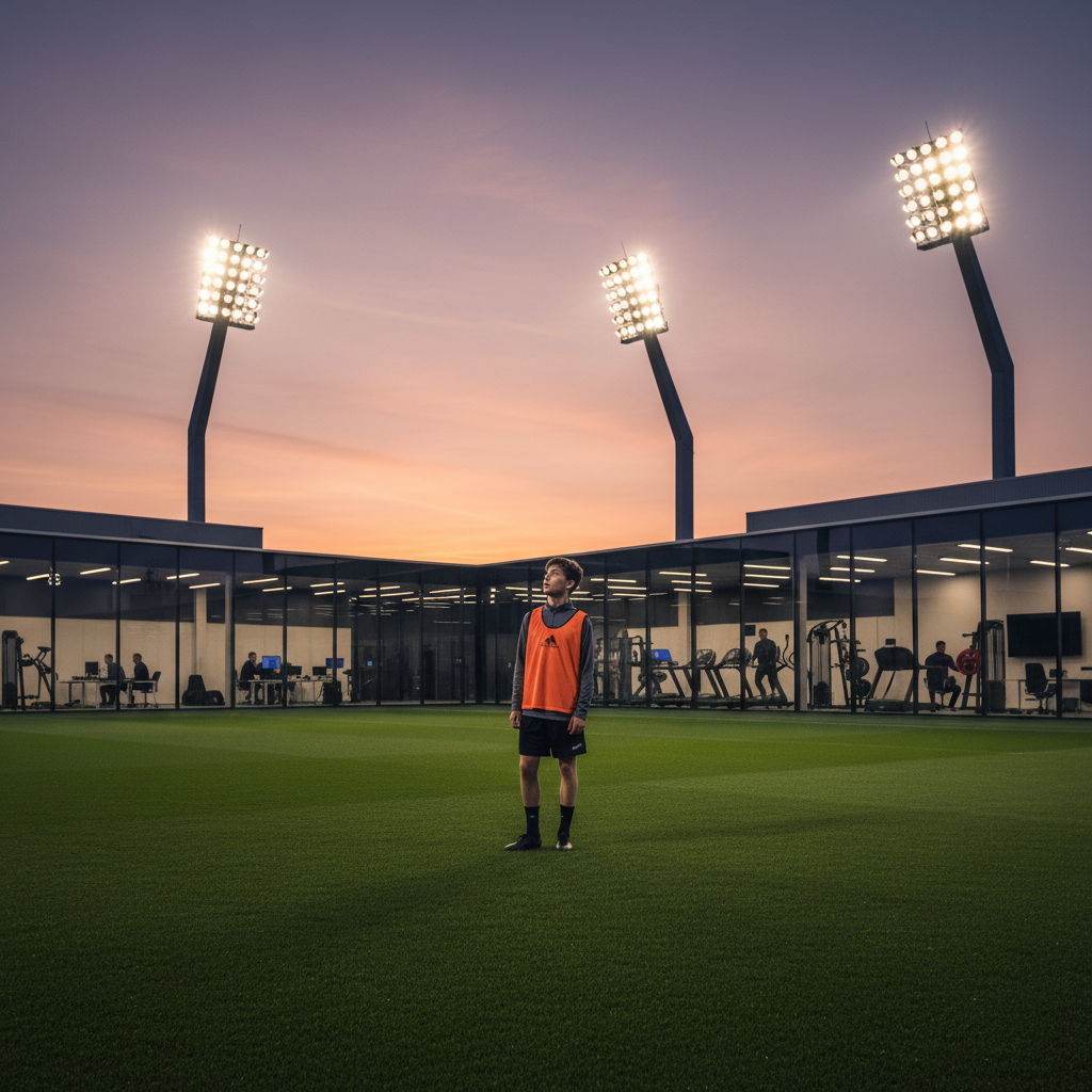 A young player standing alone on a floodlit training pitch surrounded by modern academy buildings