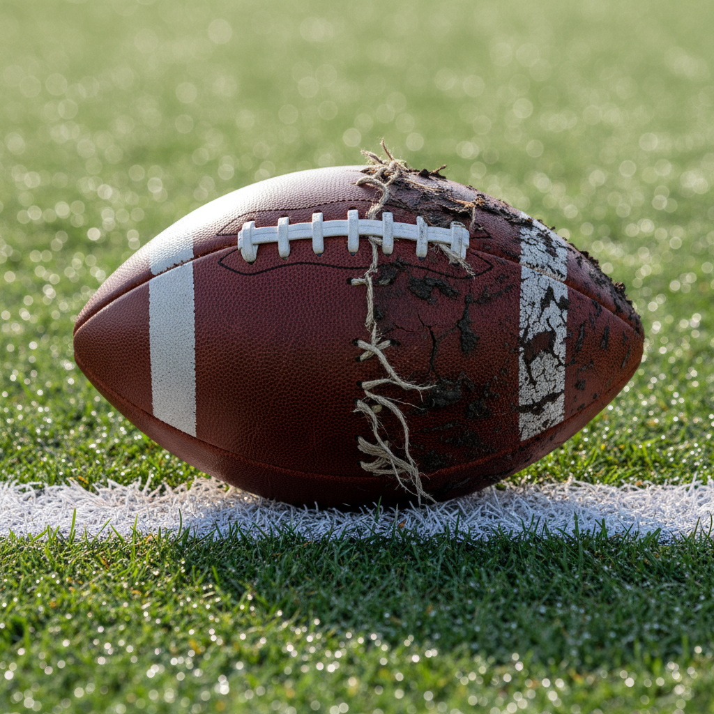 A football on a goal line that is half brand new and half worn and muddy