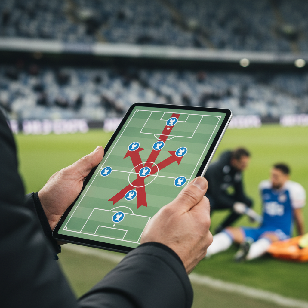 Hand holding a tactical tablet showing high press arrows with an injured player in the background