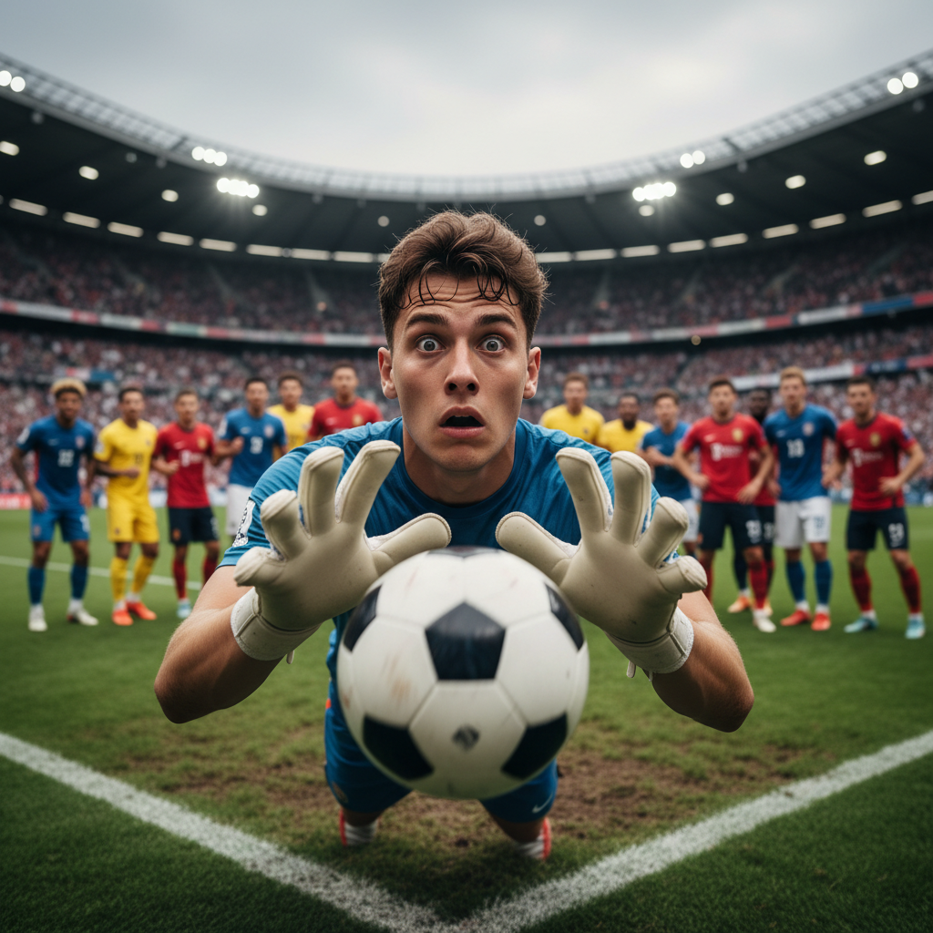 Young goalkeeper looking stressed while fumbling a catch during a high pressure match