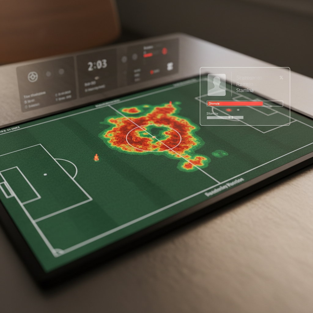 Tactical heat map on a digital screen showing high activity in midfield with a low stamina bar indicator