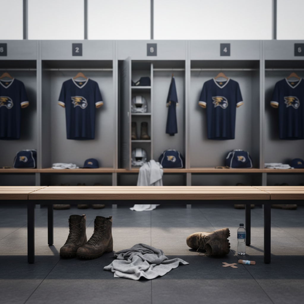 A messy locker with crumpled towels and boots stands out among a row of perfectly organized jerseys