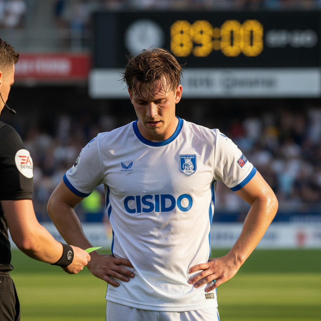An exhausted soccer player looking at a yellow card shown by a referee late in a match