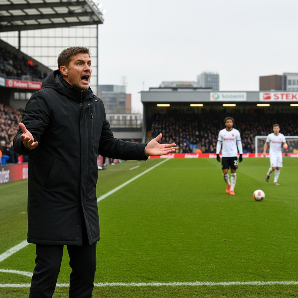 Frustrated manager gesturing at a static player while the opponent counter-attacks on a sunny field
