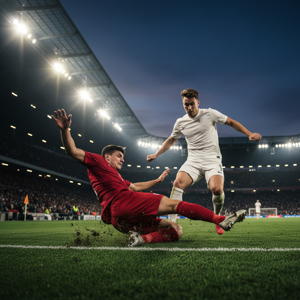 A soccer player performs a desperate sliding tackle on an opponent under bright stadium lights at night
