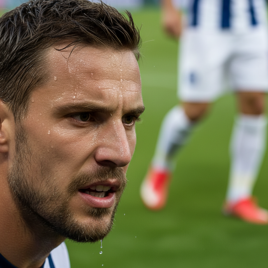 Close-up of a focused football defender with sweat on his face staring intensely during a night match