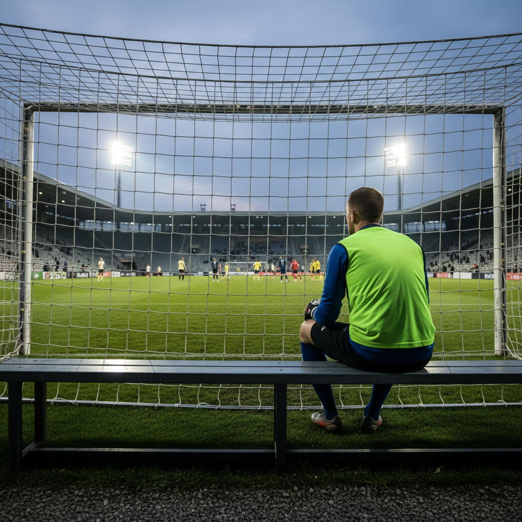 Substitute goalkeeper in a neon bib sitting on a bench watching a match from the sidelines