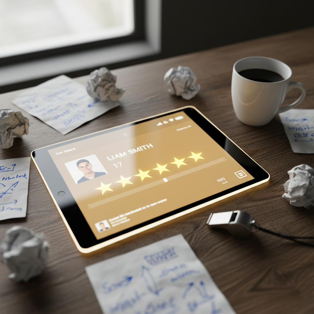 Digital tablet showing a five-star youth player profile on a scout's messy desk